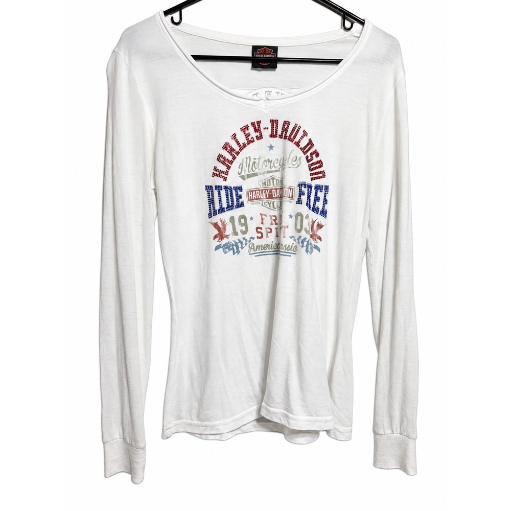 Harley-Davidson Womens White Rhinestone Long Sleeve Graphic Tee Carson City M